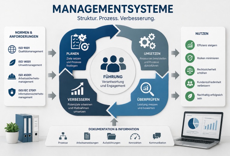 Schematische Darstellung eines Managementsystems: Planen, Umsetzen, Überprüfen, Verbessern