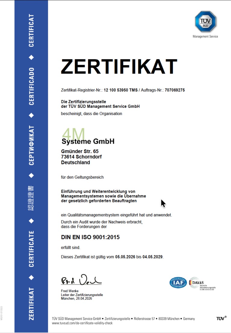 TÜV-SÜD-Zertifikat der 4MSysteme GmbH nach DIN EN ISO 9001:2015